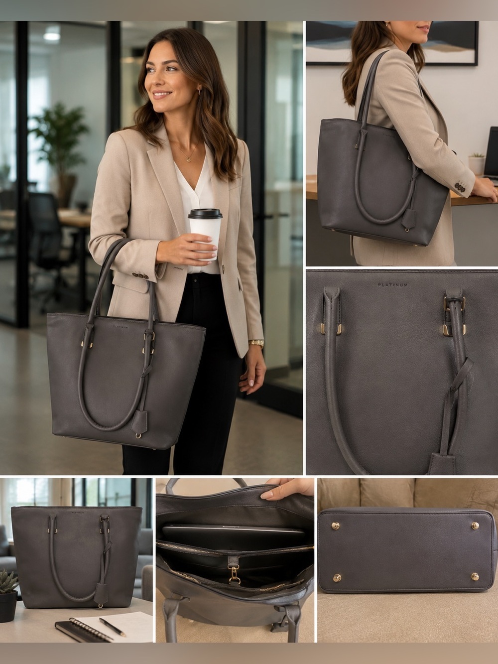 Platinum Avenue Laptop Tote Bag 15” Work Business Travel Gray Shoulder Bag